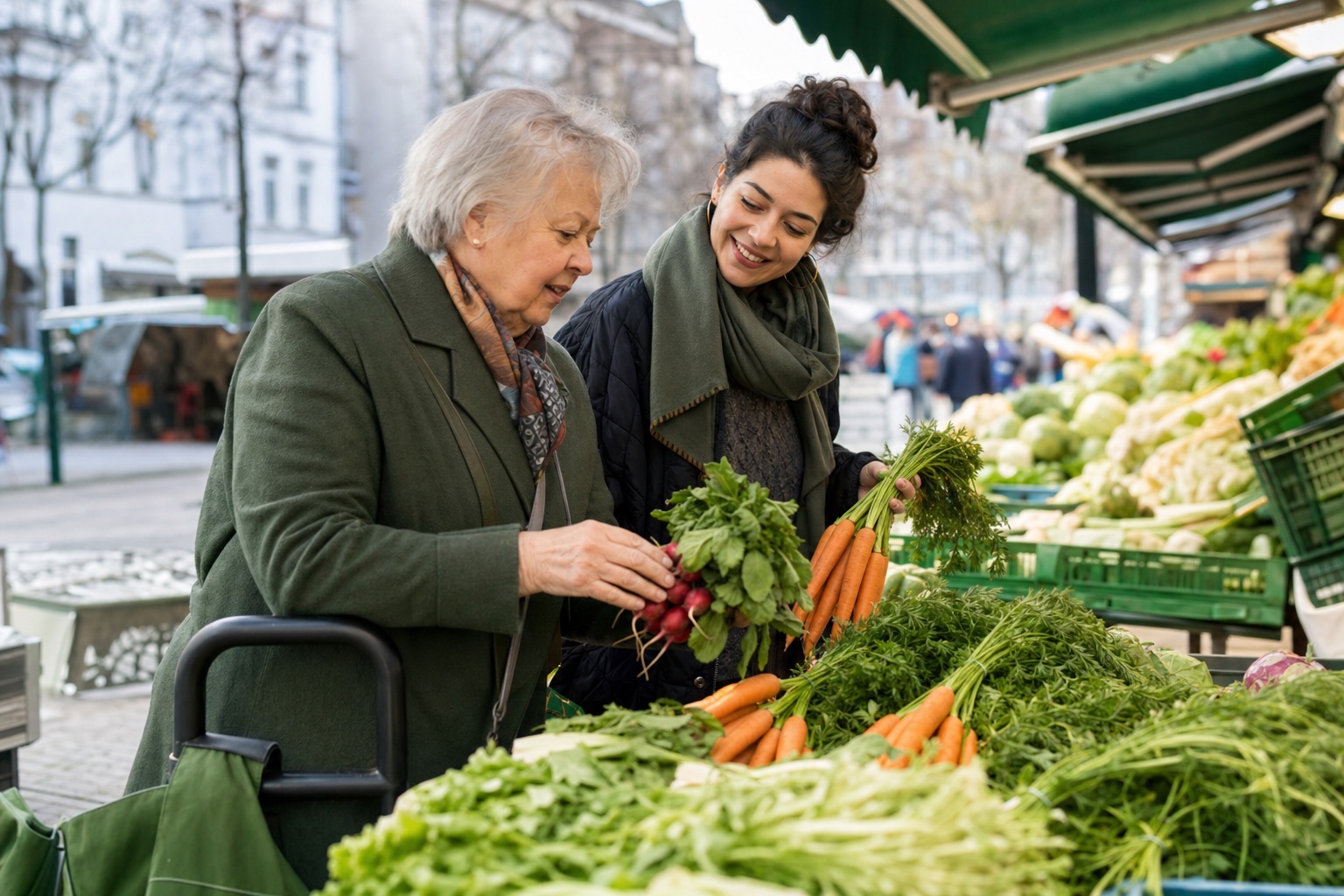 Seniorin beim begleiteten Einkauf auf einem Berliner Markt